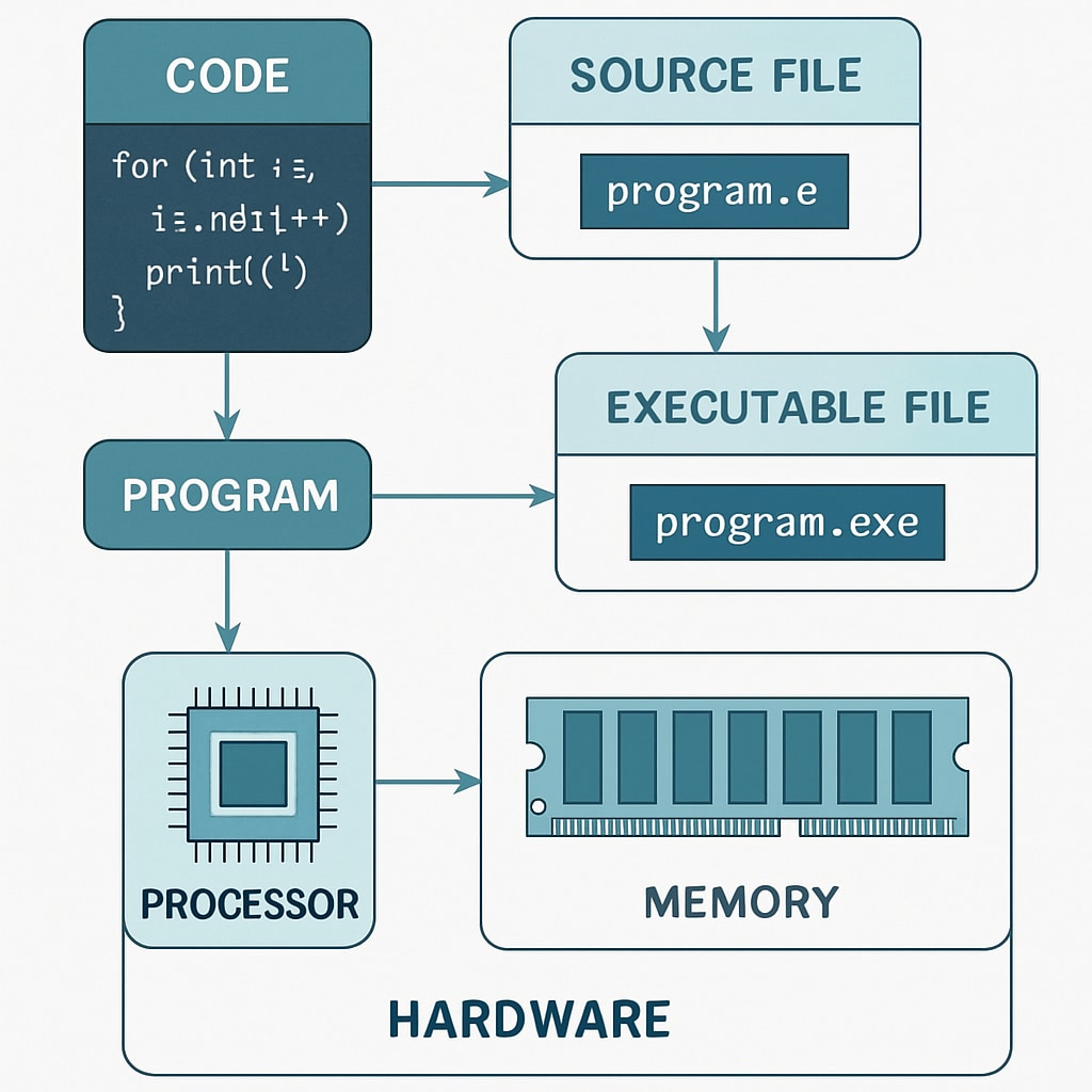 A futuristic design showing a flowchart that combines programming codes and hardware schematics, illustrating the interconnected nature of both fields. A visual representation of programming and engineering merging in the AI era.