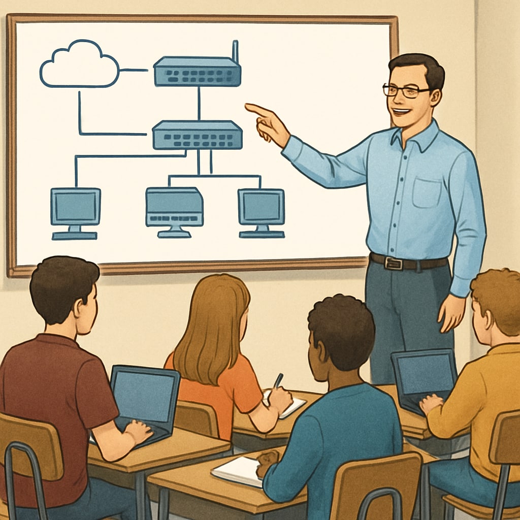 A classroom setting with students learning about networking technology. Students in a classroom learning networking, illustrating