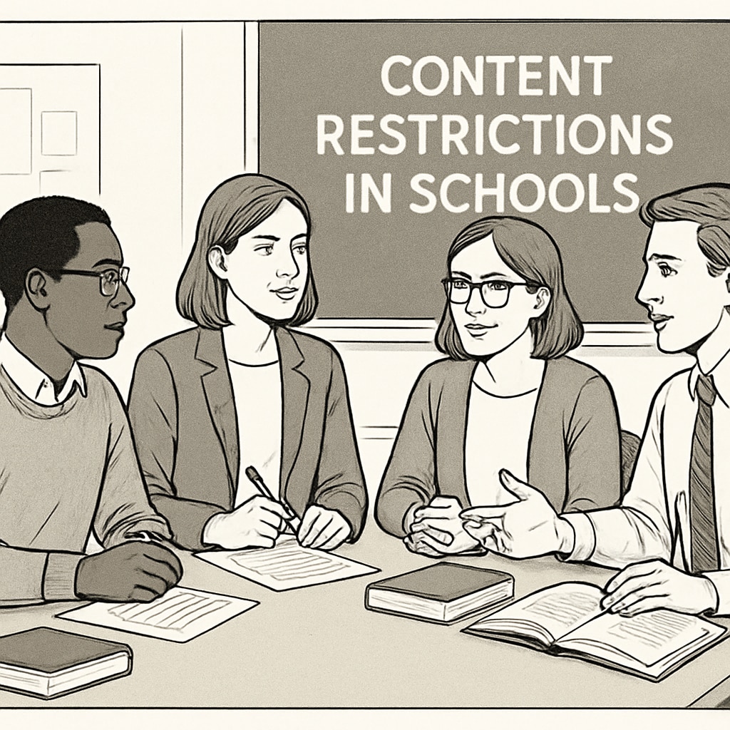 Teachers discussing strategies to navigate content restrictions in schools. The image showcases collaboration among educators to adapt to new regulations. Educators brainstorming solutions for content restrictions in K12 education.