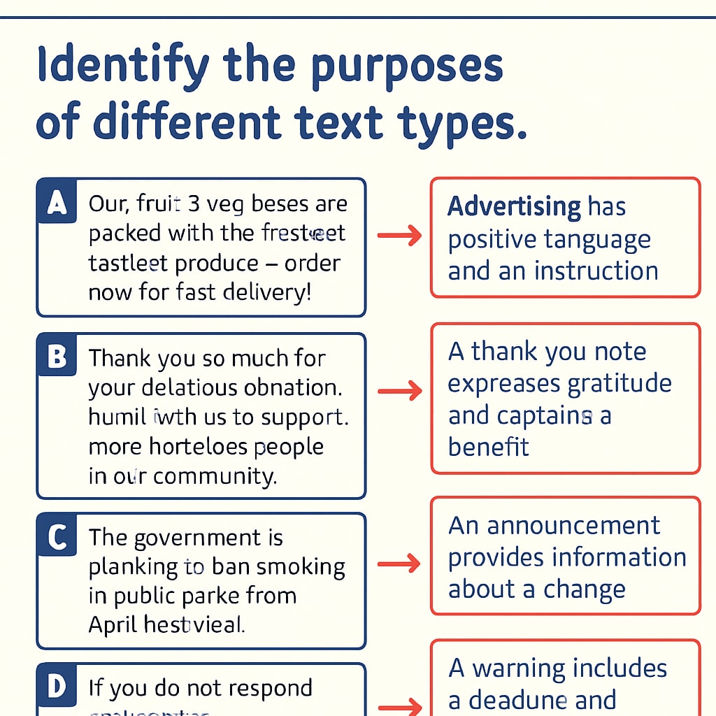 Annotated Functional English exam question highlighting text purpose identification strategies.