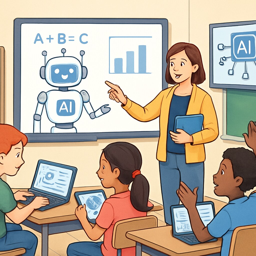 A classroom equipped with AI-powered learning tools, showcasing a teacher collaborating with students. AI-powered classroom with a teacher working alongside students.