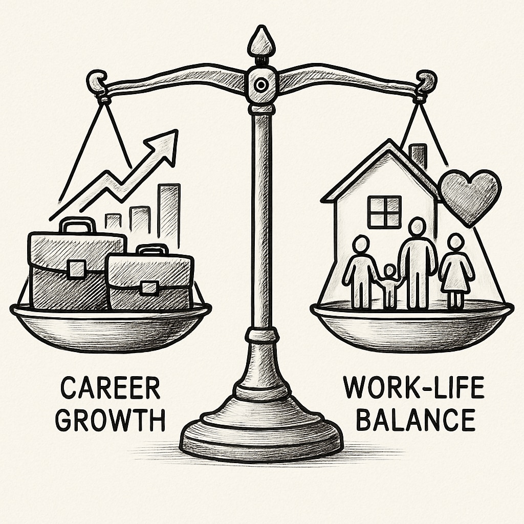 A balanced scale symbolizing career growth on one side and work-life balance on the other. A balanced scale symbolizing career growth and work-life balance in Business Analytics and Finance.