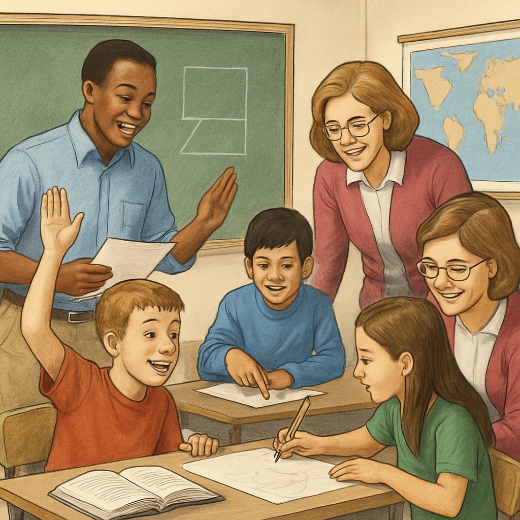 Public school classroom with students and teacher, related to education funding and voucher programs.