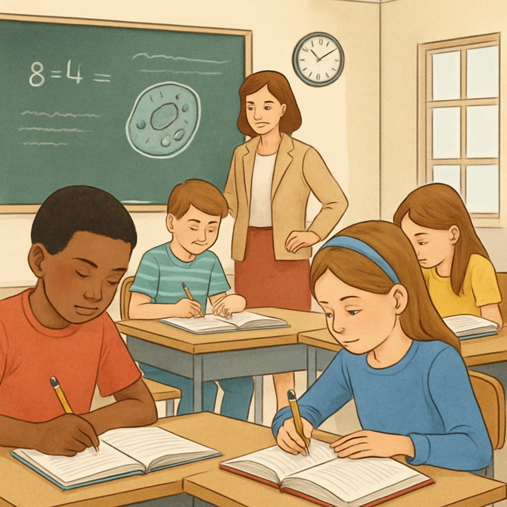 A classroom setting with students actively engaged while phones are prohibited. The image highlights the environment of focus and discipline created by limited phone use. Classroom with students focused on learning without smartphones, illustrating school phone ban benefits.
