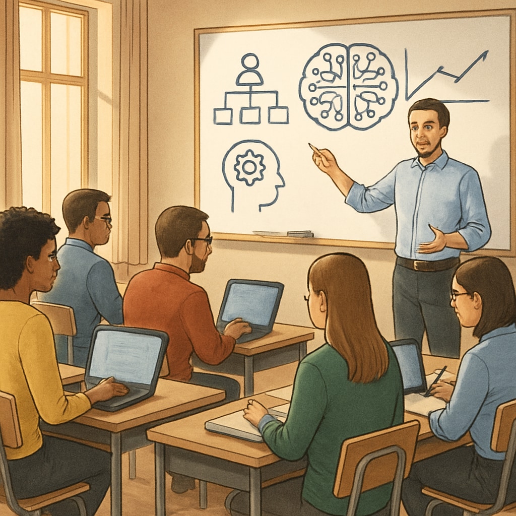 A teacher training session where educators are learning to use AI tools for personalized learning. Teachers in a workshop learning to use AI tools in education.