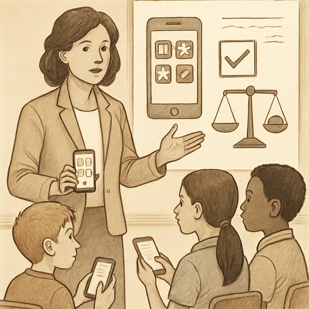An educator showing students how to use educational apps on their smartphones responsibly, emphasizing balanced tech integration. Teacher guiding students on responsible smartphone use for educational apps in school.