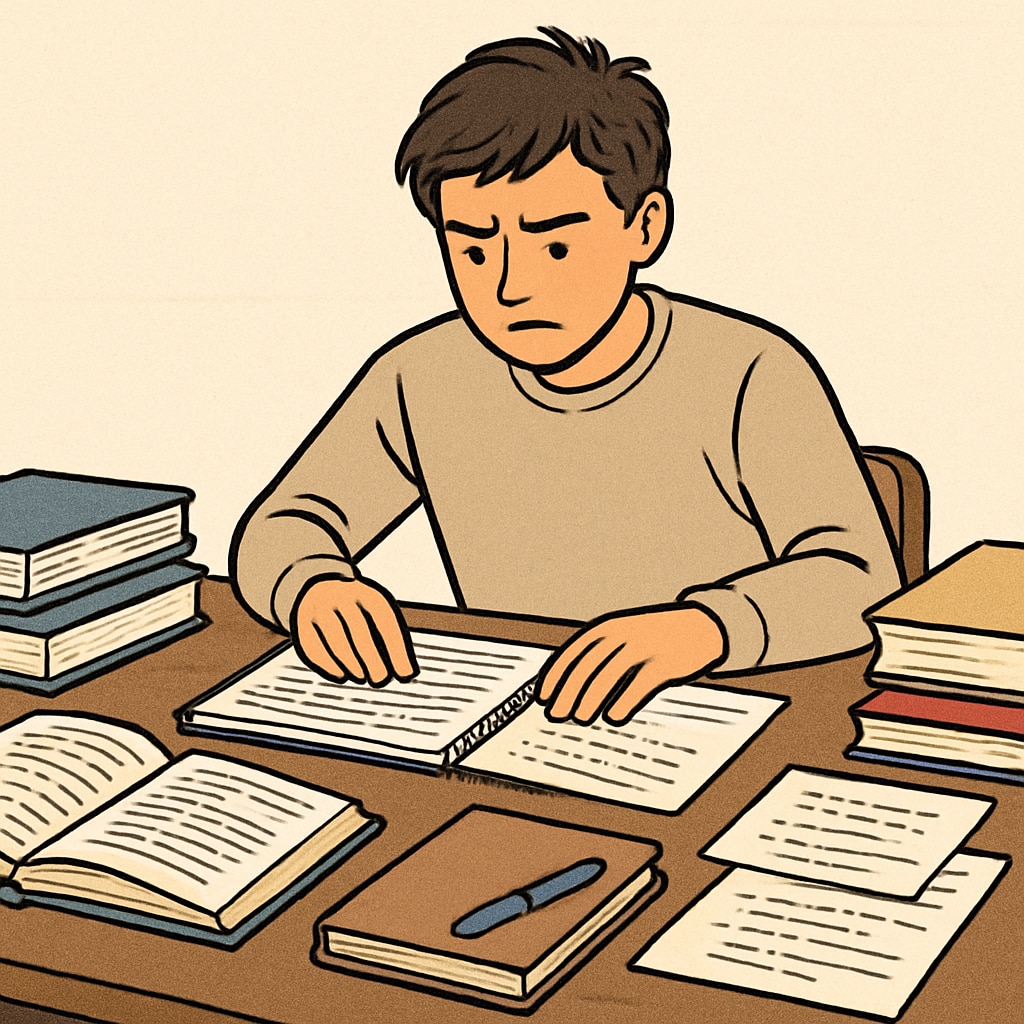 A student organizing study materials, books, and notes to prepare for exams under pressure. A student preparing for exams under a tight schedule.
