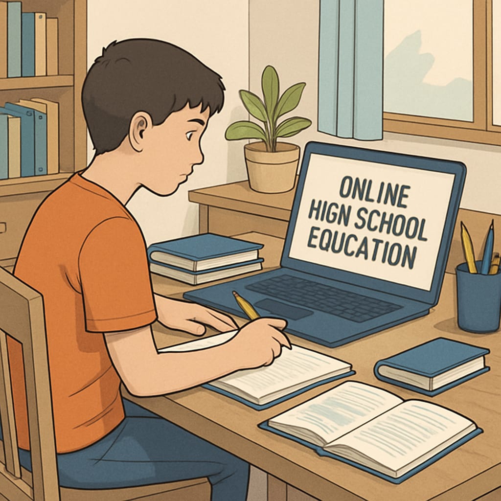 A student studying at home using a laptop, representing online high school education. Student using a laptop for online high school education