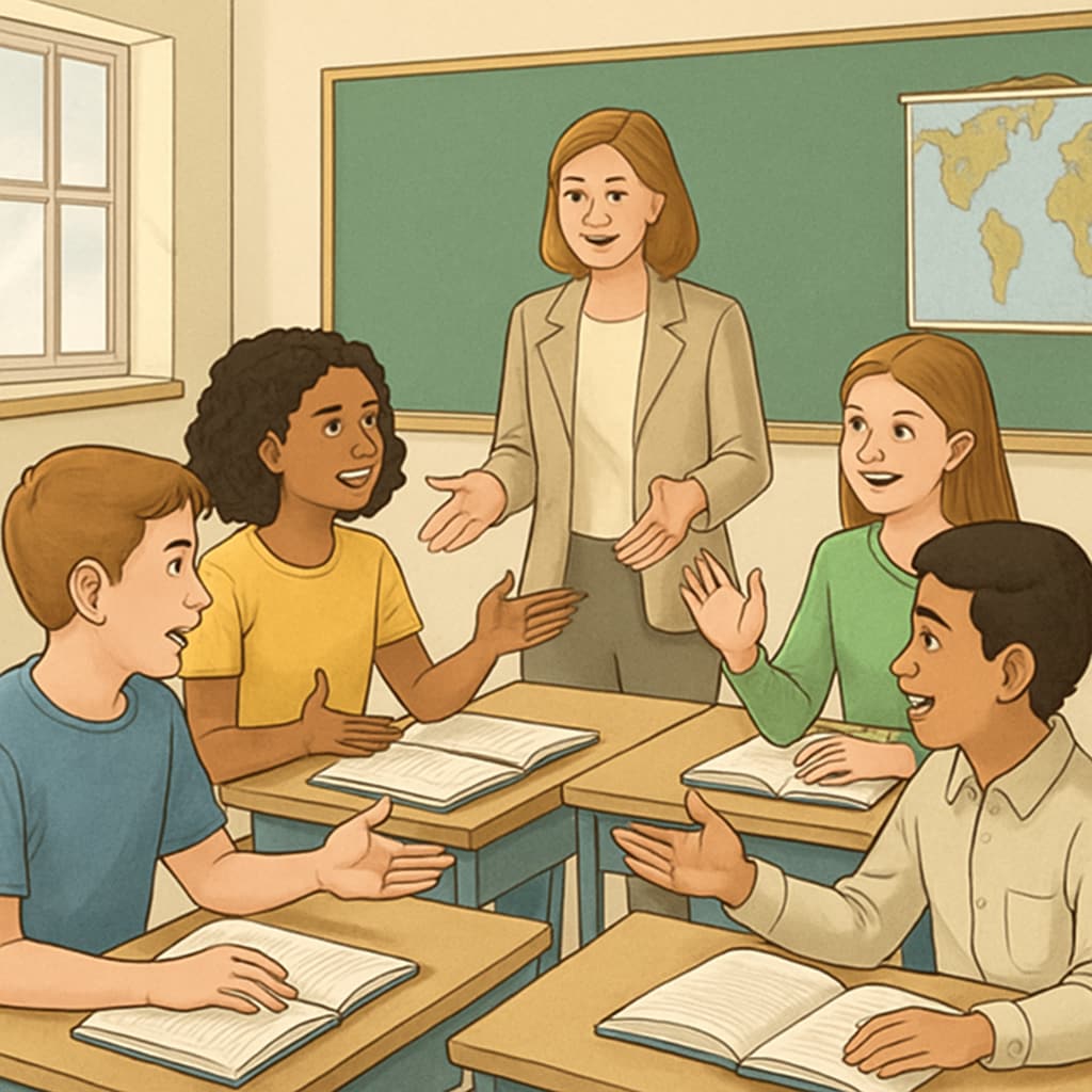 A classroom with students actively engaged in discussion without mobile phones visible on desks. Students in a classroom discussing without mobile phones on desks, showing an environment focused on learning.