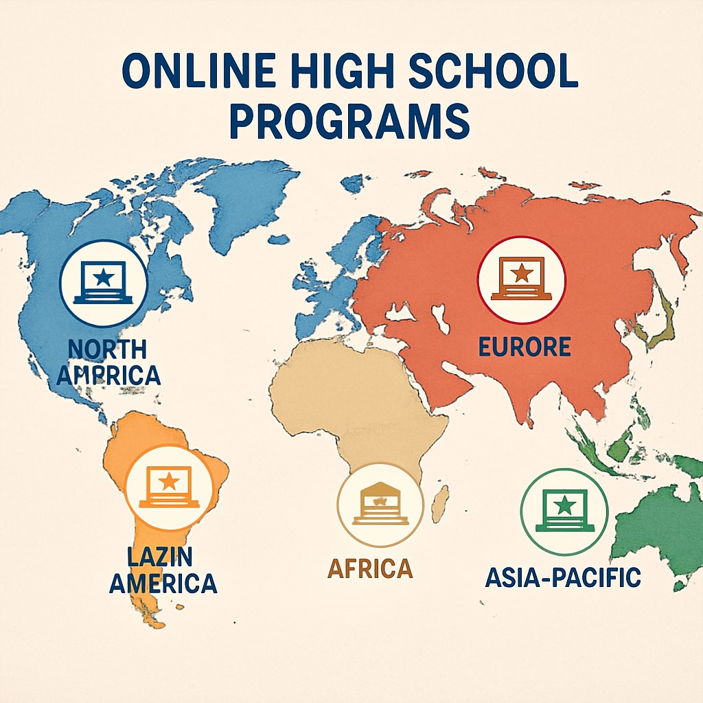 A map highlighting global locations where online high school programs are offered, emphasizing international differences. Map showing global differences in online high school programs