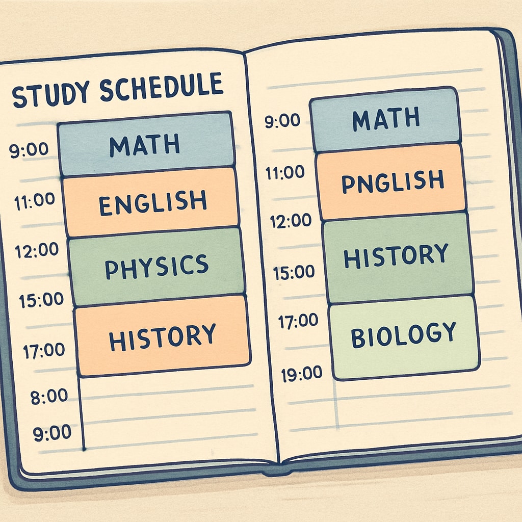 A detailed study schedule displayed on a planner, highlighting time blocks for different exam subjects. Study schedule for efficient time management during exams.