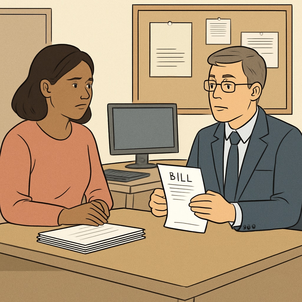 A parent discussing financial obligations with a school administrator, illustrating the complexities of accessing educational records amid unpaid balances. Parent discussing unpaid balances with school to access report cards