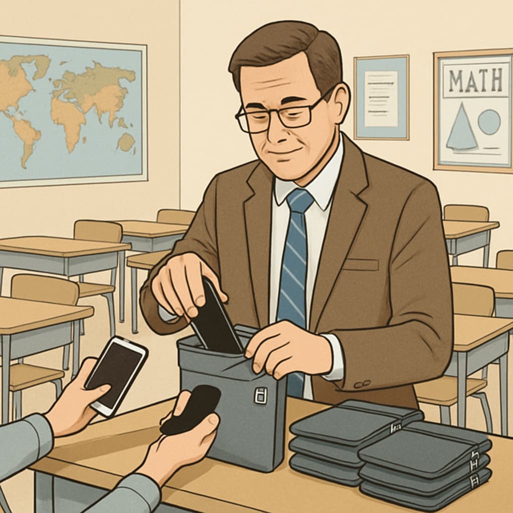 A school administrator collecting phones in lockable pouches at the start of the school day. School administrator collecting mobile phones in lockable pouches from students to enforce a phone ban.