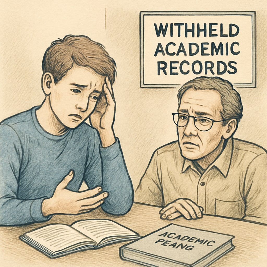 A student looking concerned while discussing academic plans with a parent, emphasizing the emotional toll of withheld records. Student expressing concern about withheld report cards due to unpaid fees