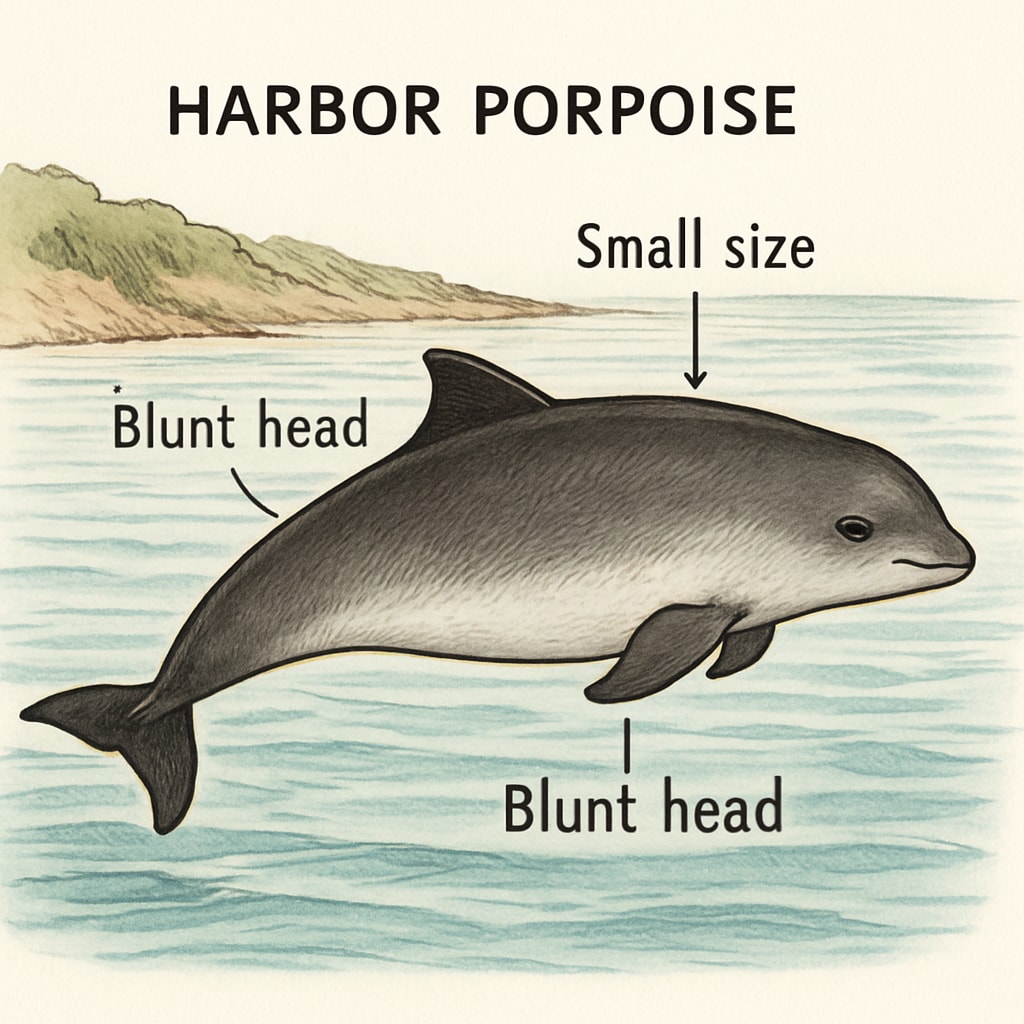 A harbor porpoise swimming near the shoreline, showcasing its small size and blunt head. Harbor porpoise swimming near the shore.