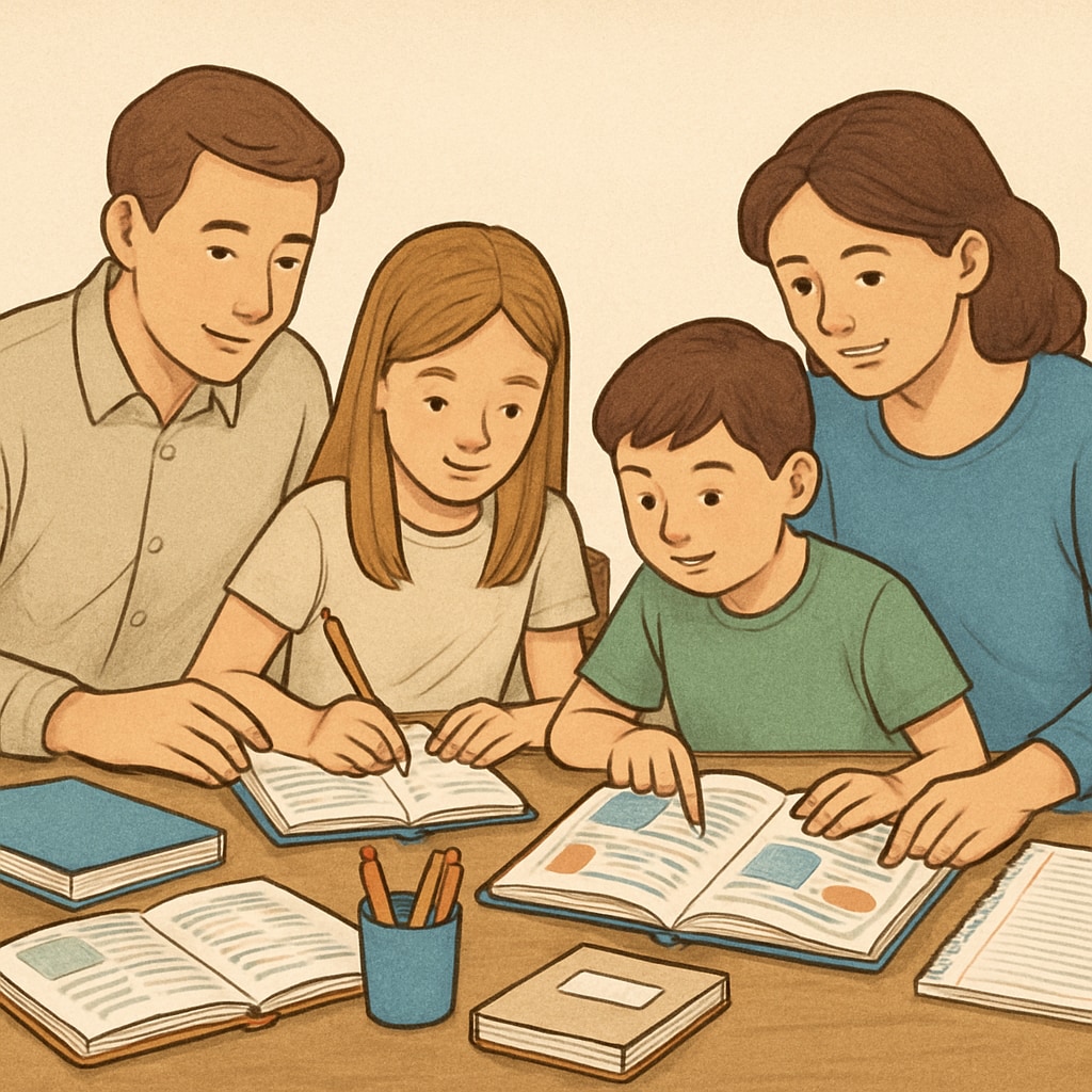 A family with children studying together at home, illustrating the balance between education and family life. Families benefit from the flexibility of online public schools.