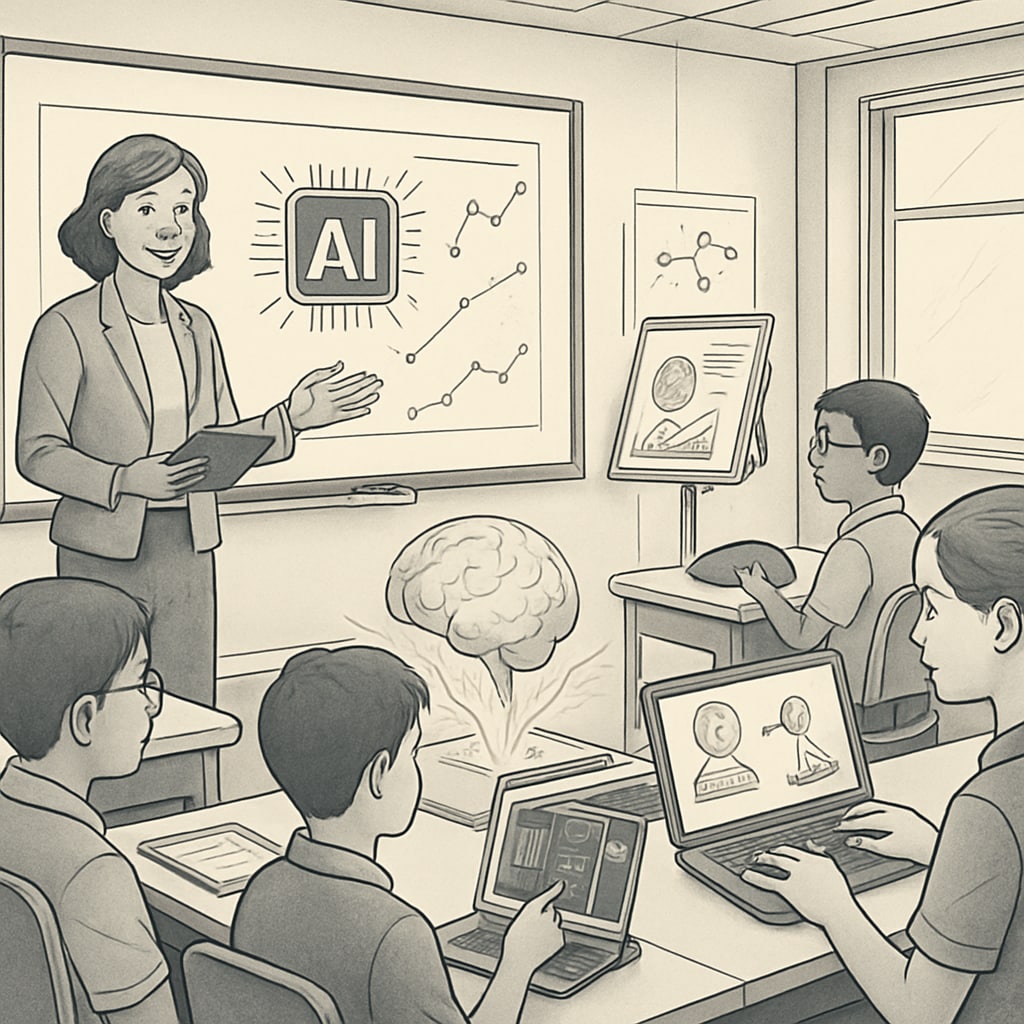 AI education applications assisting teachers and students in a modern classroom.