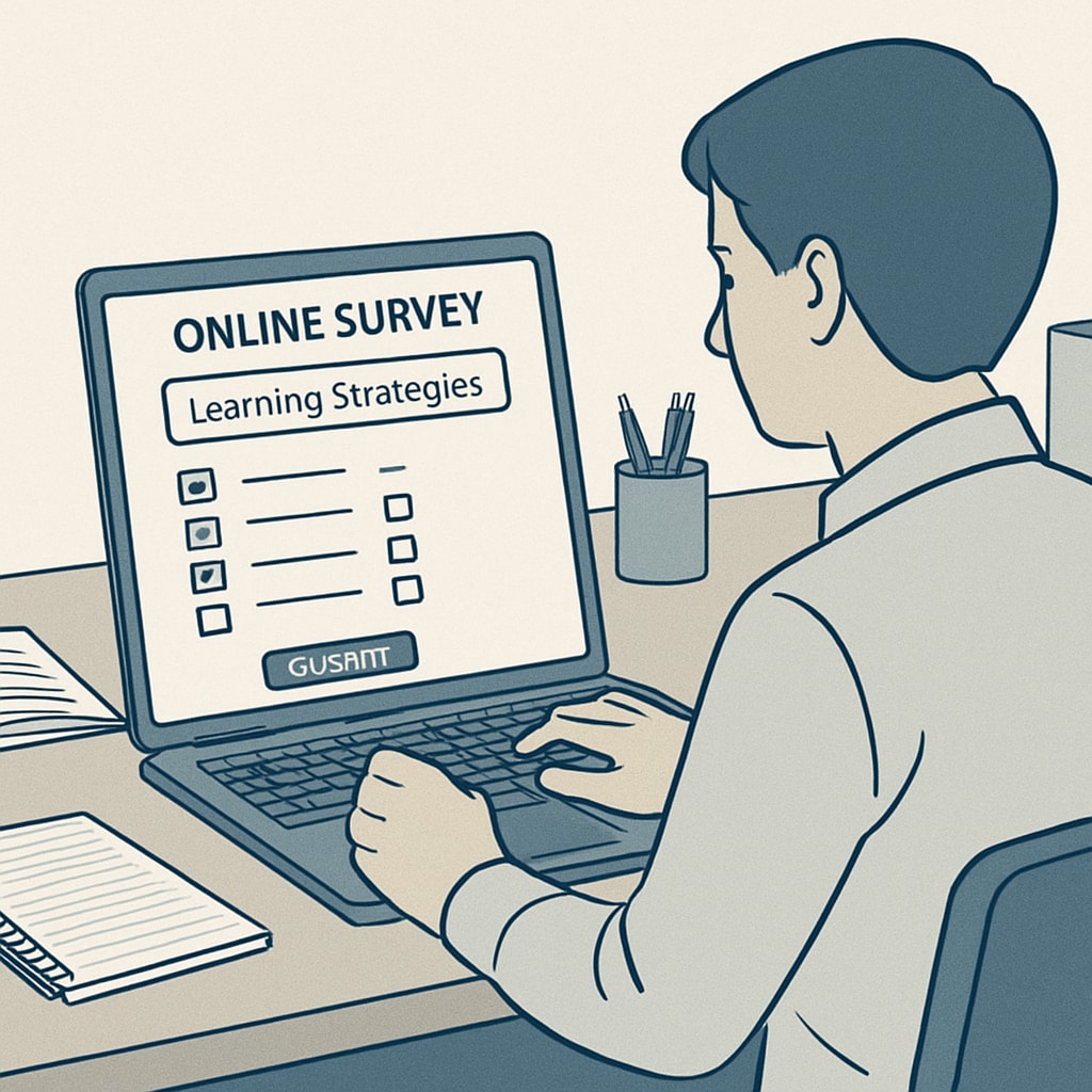 A person completing an online survey on a laptop, representing the process of sharing insights on learning strategies. A person filling out an online survey about effective learning strategies for K12 education.