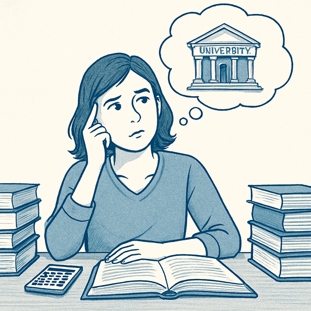 A student sitting at a desk surrounded by books and a calculator, contemplating university options. High school student contemplating university major choices with books and a calculator.