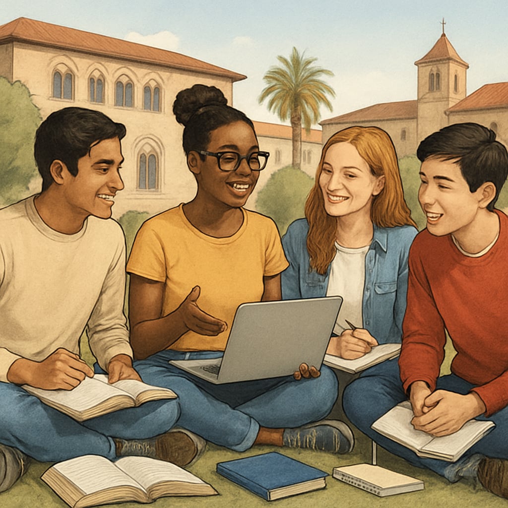 A group of international students sitting together in a Spanish university campus, discussing their studies. International students in a Spanish university discussing master's education opportunities.