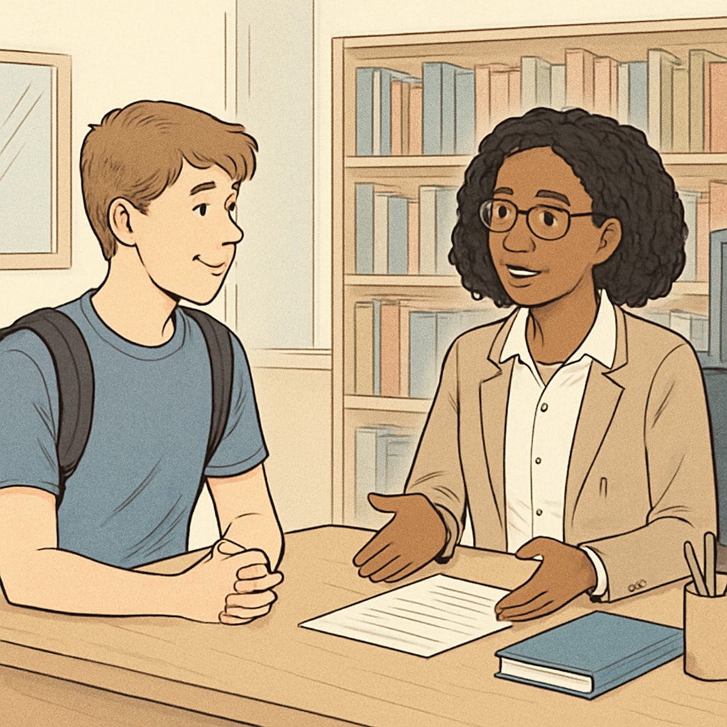 A high school student visiting a university campus, speaking with an academic advisor. High school student discussing university options with an advisor on campus.