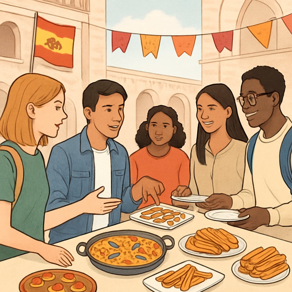 Students participating in a cultural exchange event at a Spanish university, showcasing traditional Spanish cuisine. Cultural exchange event with students at a Spanish university.