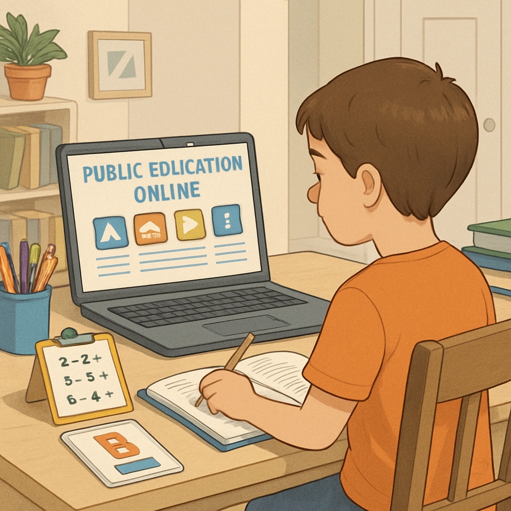 A child studying at home using an online public education platform, with a laptop and personalized learning tools. Online public education platform with a child learning at home.