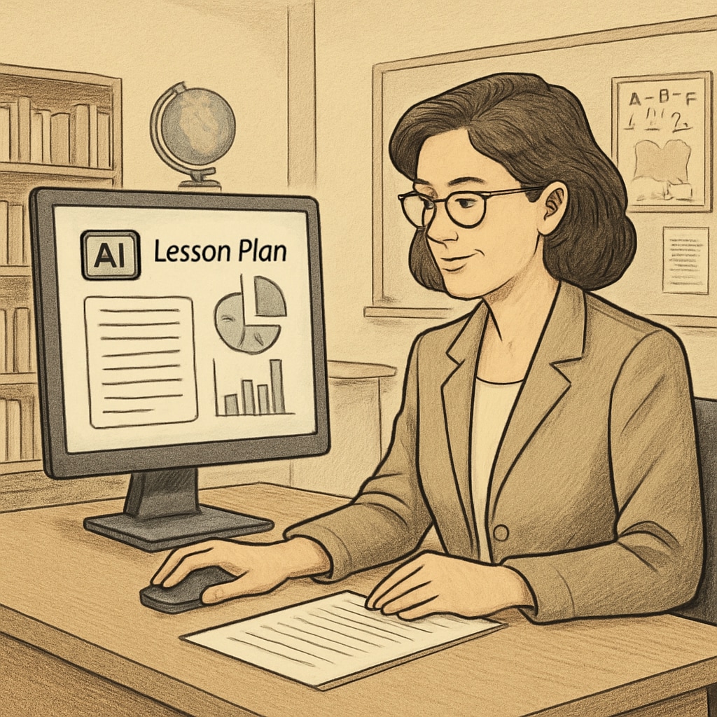 A teacher using an AI-powered platform like Google Gemini to tailor a lesson plan for students. Teacher utilizing AI education applications to enhance lesson planning.