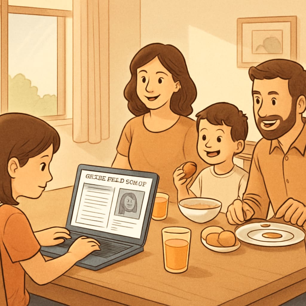 A family enjoying breakfast together while a child studies via an online public education platform, showcasing work-life harmony. Family balancing education and lifestyle with online public schooling.