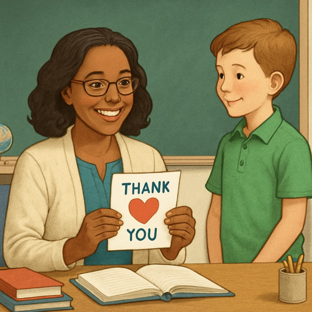 A teacher receiving a heartfelt thank-you card from a student, symbolizing teacher-student connection. Teacher receiving a thank-you card from a student, illustrating student gratitude.