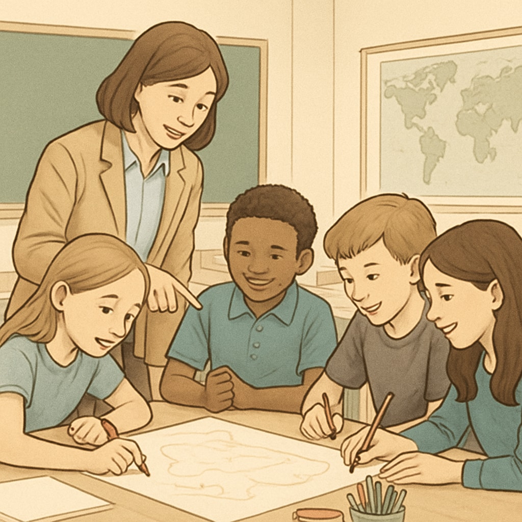 Classroom interaction showcasing a teacher guiding students in a group discussion or creative project. Teacher demonstrating the human value of teaching by fostering student collaboration.