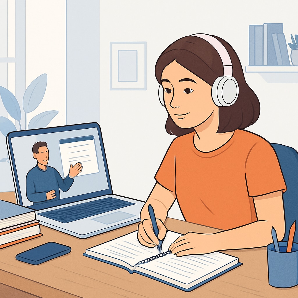 A bright and modern online learning setup, featuring a student studying on a laptop in a comfortable home environment. Online learning setup reflecting Khan World School and ASU dual enrollment program.