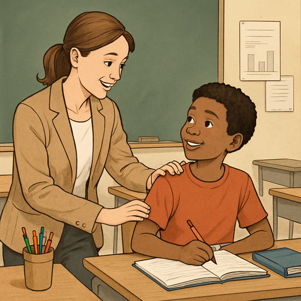 A teacher and student sharing a light moment in class, emphasizing mutual respect and inspiration. Teacher and student laughing together in the classroom, representing teacher influence.