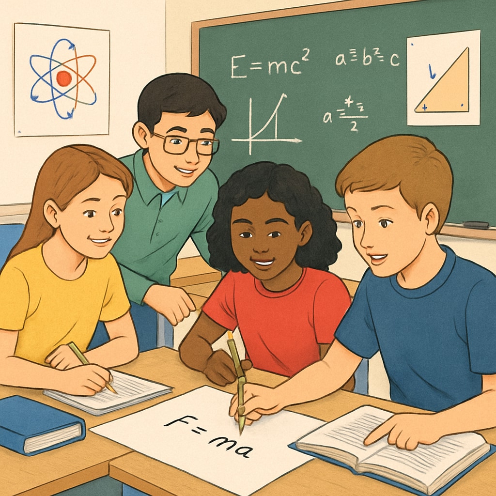 Students solving math and physics problems, representing math and science-oriented education.