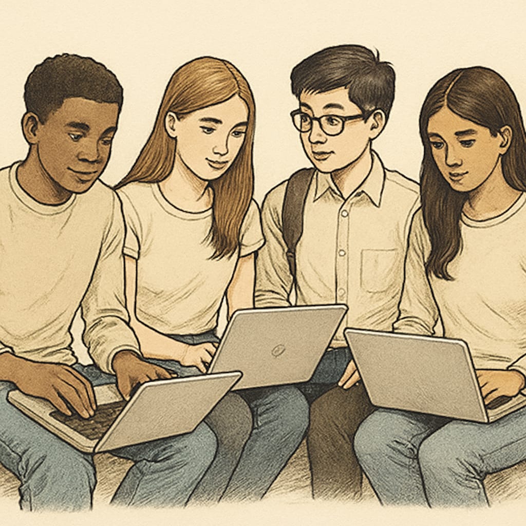 A diverse group of teenagers studying on laptops, symbolizing the flexibility and accessibility of U.S. online high school education. Students working on laptops for online high school education.