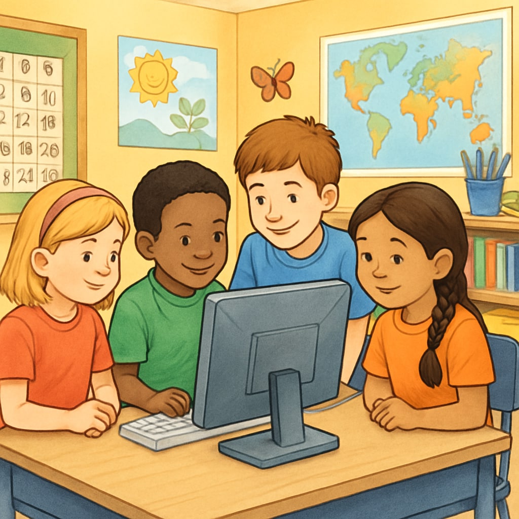 A group of kindergarten and fourth-grade students collaborating on a computer project. The image depicts them sitting together at a desk, focused on a shared screen in a colorful classroom setting. Kindergarten and fourth-grade students working on a computer project in a classroom setting.