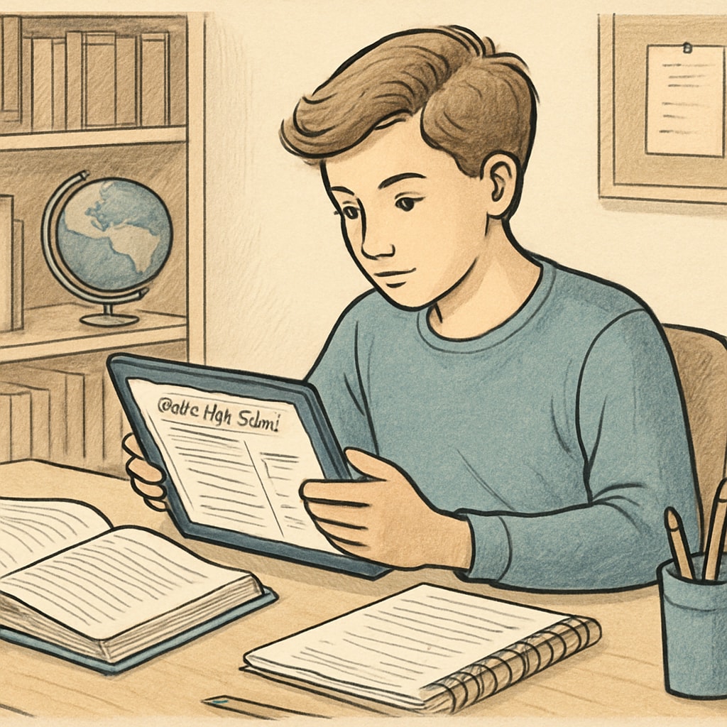 A student completing coursework on a tablet, highlighting the accessibility and adaptability of online high school programs. Student using a tablet for online coursework.