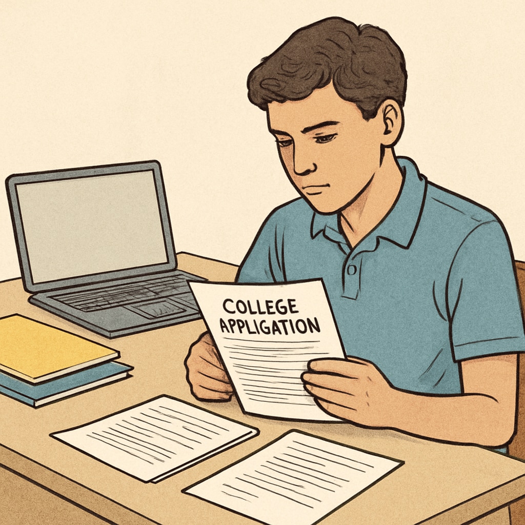 A high school student reviewing college application materials at a desk with a laptop and organized folders. College application process challenges for new students.