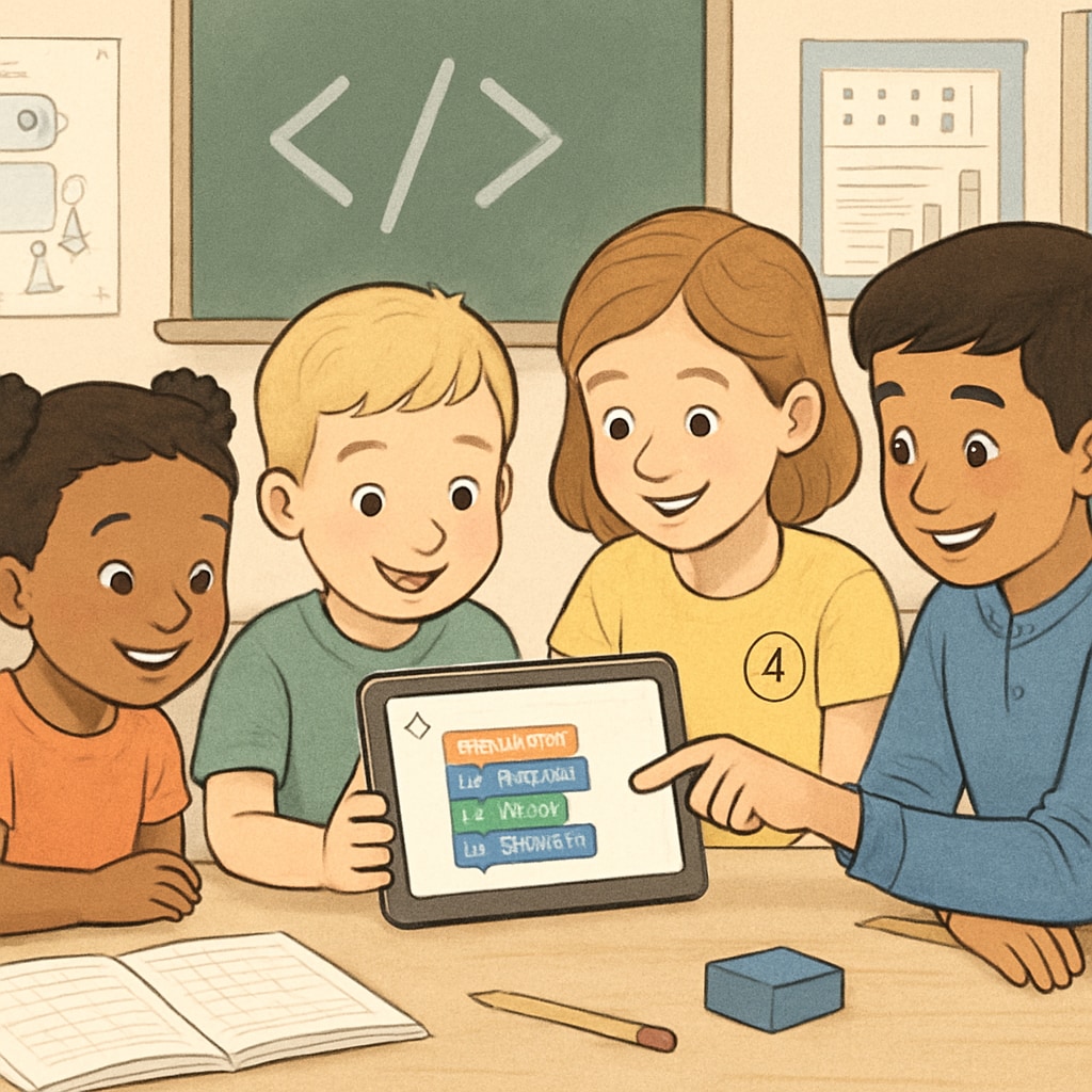 Kindergarten and fourth-grade students sharing a tablet during a coding activity. The image shows them smiling and interacting while exploring a coding app in a tech-friendly classroom. Kindergarten and fourth-grade students sharing a digital tablet during a coding activity.