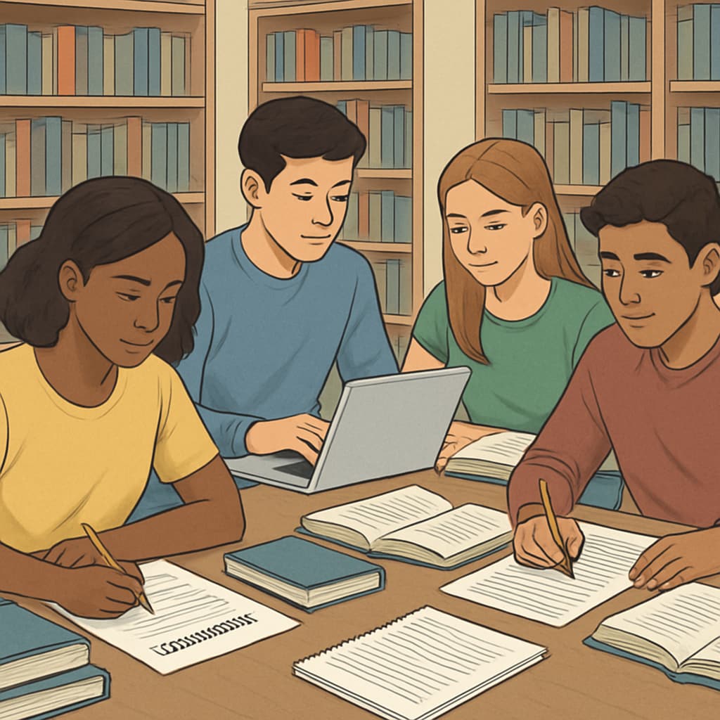 A diverse group of high school students collaborating on college essays in a library setting. Strategies to overcome college application challenges for new students.