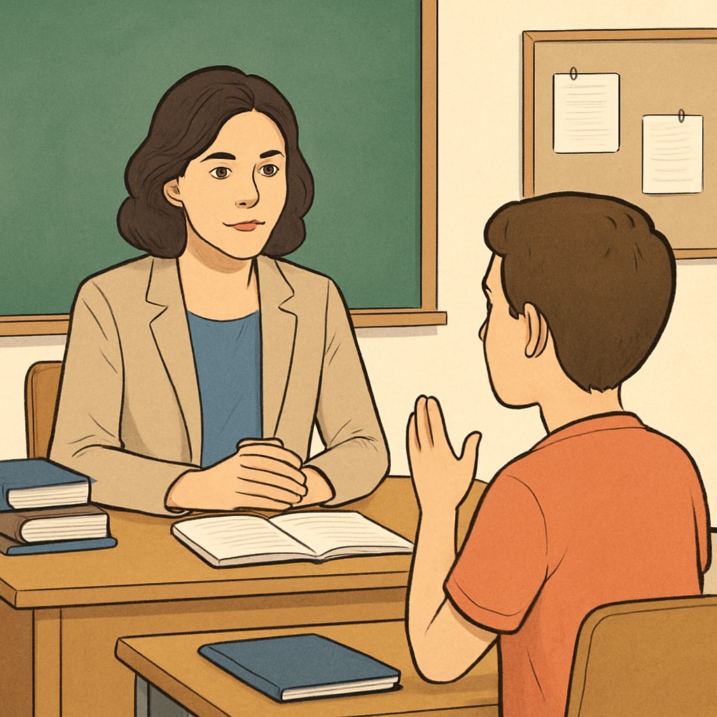 A teacher sitting calmly at a desk, attentively listening to a student in a classroom setting. Respect in education demonstrated by a teacher listening to a student.