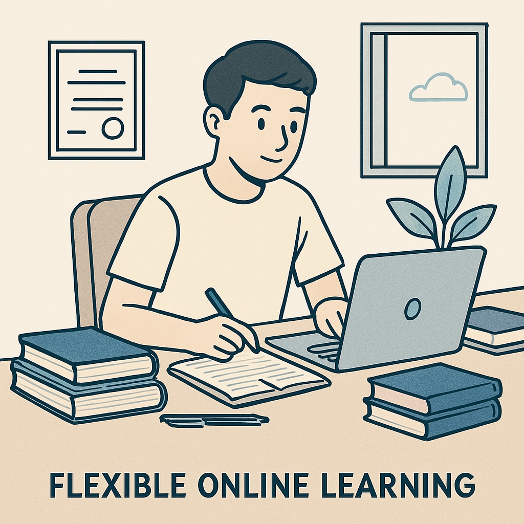 A student studying on a laptop at home, illustrating the flexibility of online learning. A student studying on a laptop for public online school, showing its flexibility.