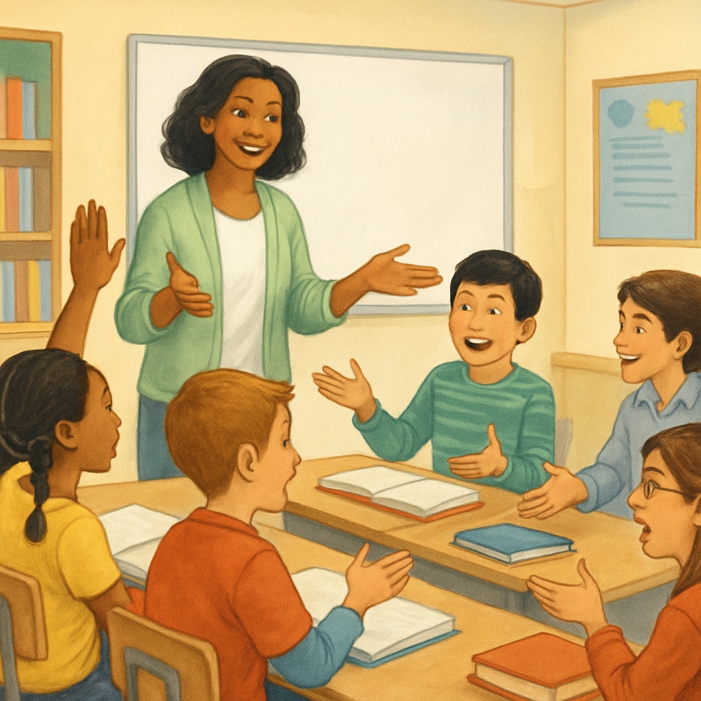 A diverse classroom where students are actively engaged in discussion, with a teacher facilitating the conversation. Respectful teaching in action, with students sharing ideas in a collaborative environment.