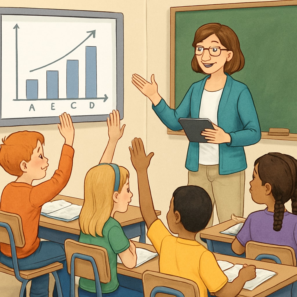 A classroom with students and a teacher engaging in an interactive learning session, reflecting collaborative and effective teaching methods. Classroom with students and teacher discussing interactive learning techniques.