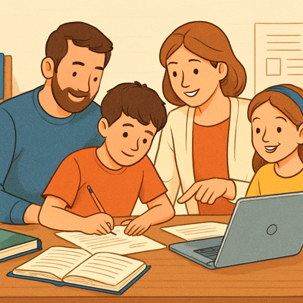 A family working together on a school project at home, showcasing family involvement in online education. A family participating in public online schooling, highlighting its adaptability.