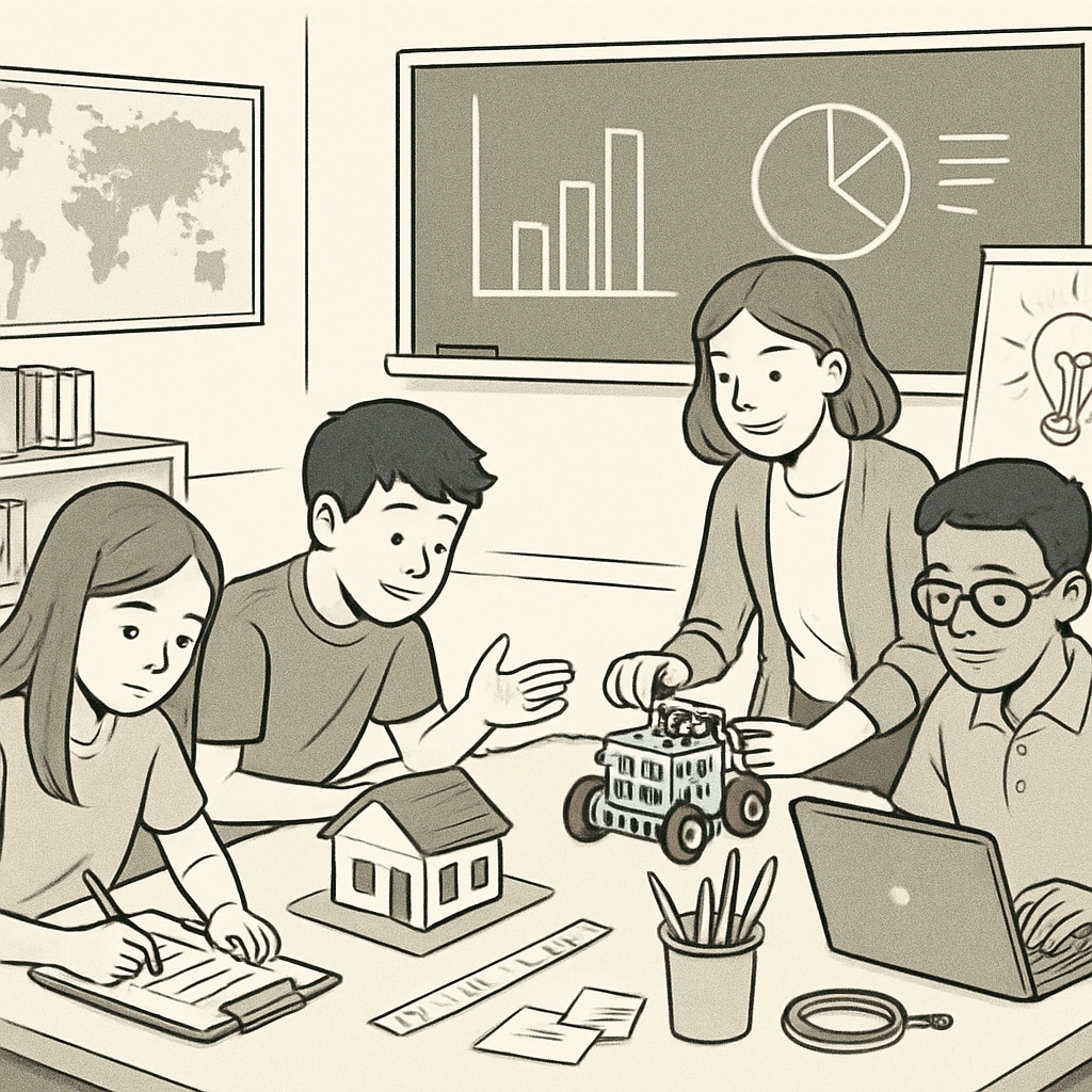 A classroom with students engaged in project-based learning, symbolizing a shift away from traditional academic focus. Students in a classroom participating in project-based learning, emphasizing career readiness over academic test scores.