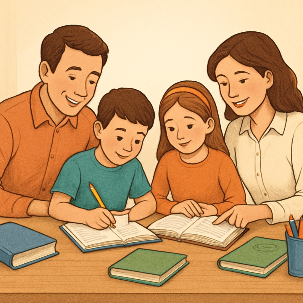 Parents and children working together on homework at home, showcasing family involvement in education. Parents helping children with homework at home for effective learning.