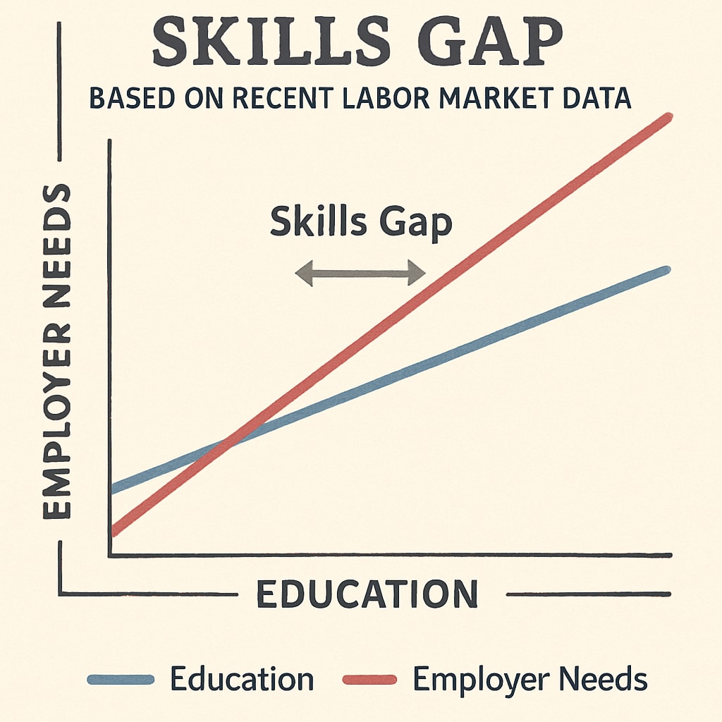 A graph illustrating the skills gap between education and employer needs, based on recent labor market data. A graph showing the mismatch between education outcomes and employer skill requirements.