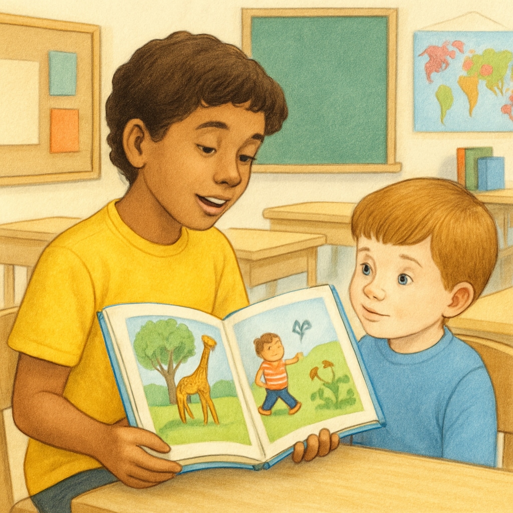 A buddy program activity where a fourth-grade student reads to a kindergartener.
