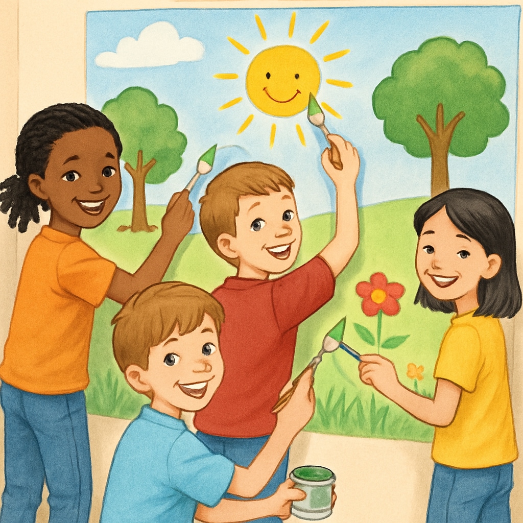 Kindergarten and fourth-grade students collaborating on a large art mural.